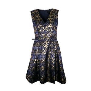 Vince Camuto V-Neck Fit Flare Dress Sz 4 Metallic Gold Navy Jacquard Cocktail